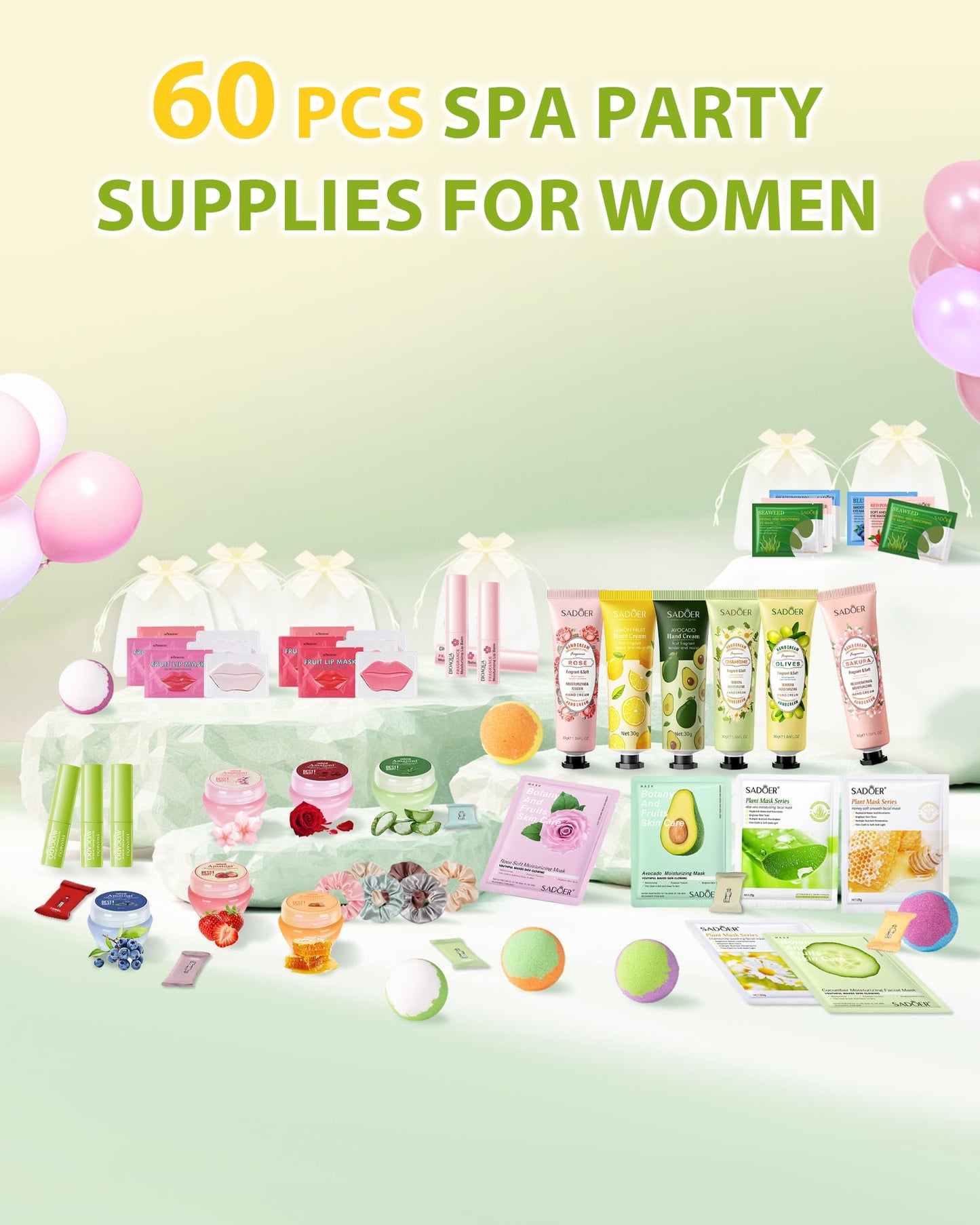 60 PCS Spa Party Supplies for Girl,Spa Party Favors kits Include Face Masks Skincare,Hand Cream, Lip Balm,Under Eye Patches,Lip Mask,Foot Bath Bombs,Women Ideal Gift Bulk Birthday Sleepover Spa Party