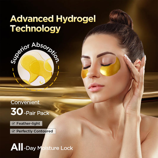 ZZILME 24k Gold Under Eye Patches - Firming, Glowing & Hydrating Hydrogel Mask for Puffy Eyes, Dark Circles, Wrinkles, Eye Bags Treatment, Gifts for Women and Men, 60Pcs Black