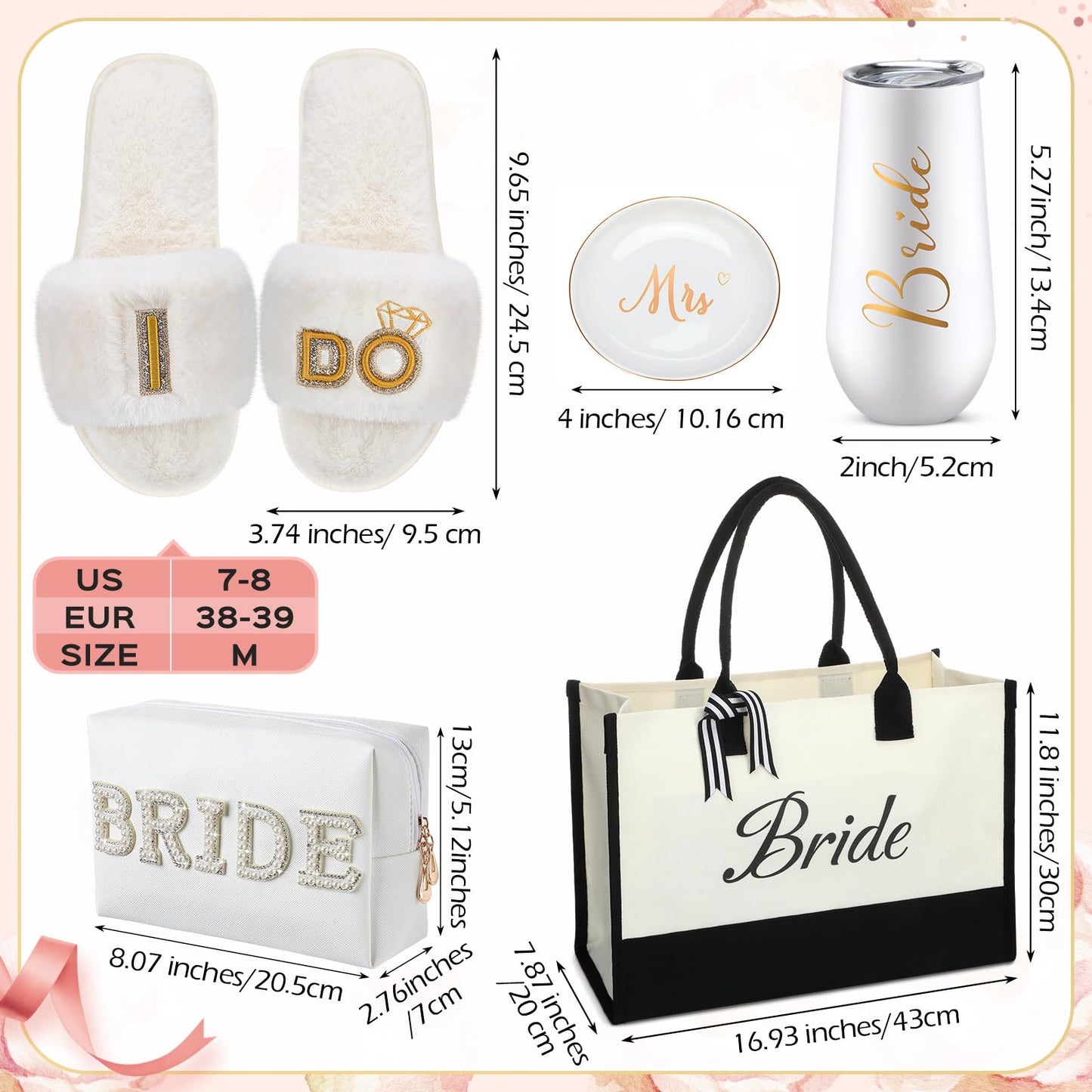 Toulite 6 Pcs Bridal Shower Gift Set Including Slide Slippers Wedding Tote Pearl Rhinestone Cosmetic Bag Bridal Robe Wedding Tumbler Ceramic Jewelry Dish Tray for Engagement Bachelorette Party