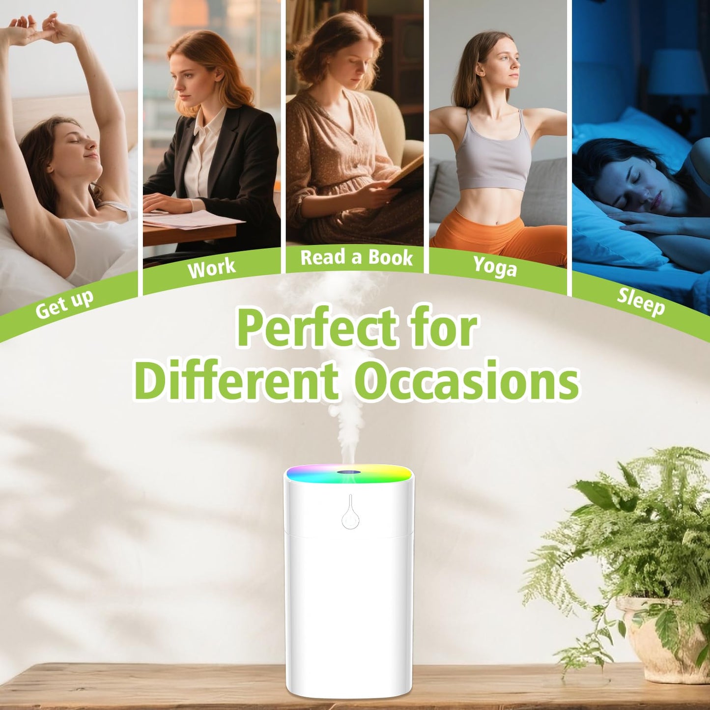 Portable Mini Humidifiers for Bedroom, 400ml Aroma Diffuser for Home Personal Desktop Plant Humidifier Indoor Fragrance Aroma Diffuser with 2 Modes, Night Light and Auto-Off Small Diffuser for Car