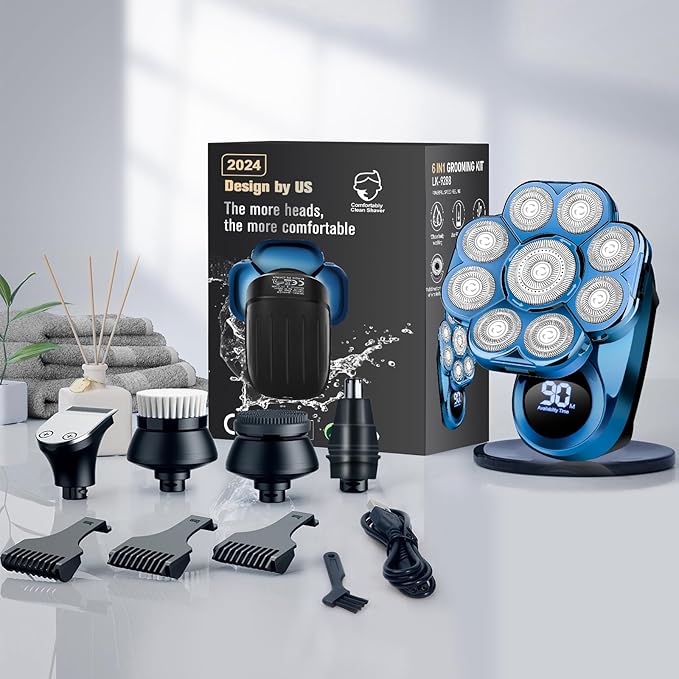 9D Electric Head Shaver for Bald Men, Upgraded 5-in-1 Waterproof Wet/Dry Grooming Kit Electric Shaver for Men, Cordless Rechargeable Bald Head Razor for Home&Travel