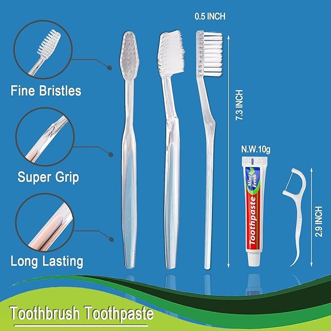 50 Pack Disposable Toothbrushes with Toothpaste Floss Individually Wrapped, 2 Color Toothbrush,10g Toothpaste,Floss Pick,Bulk Toothbrush Kit for Homeless,Airbnb,Hotel,Guest