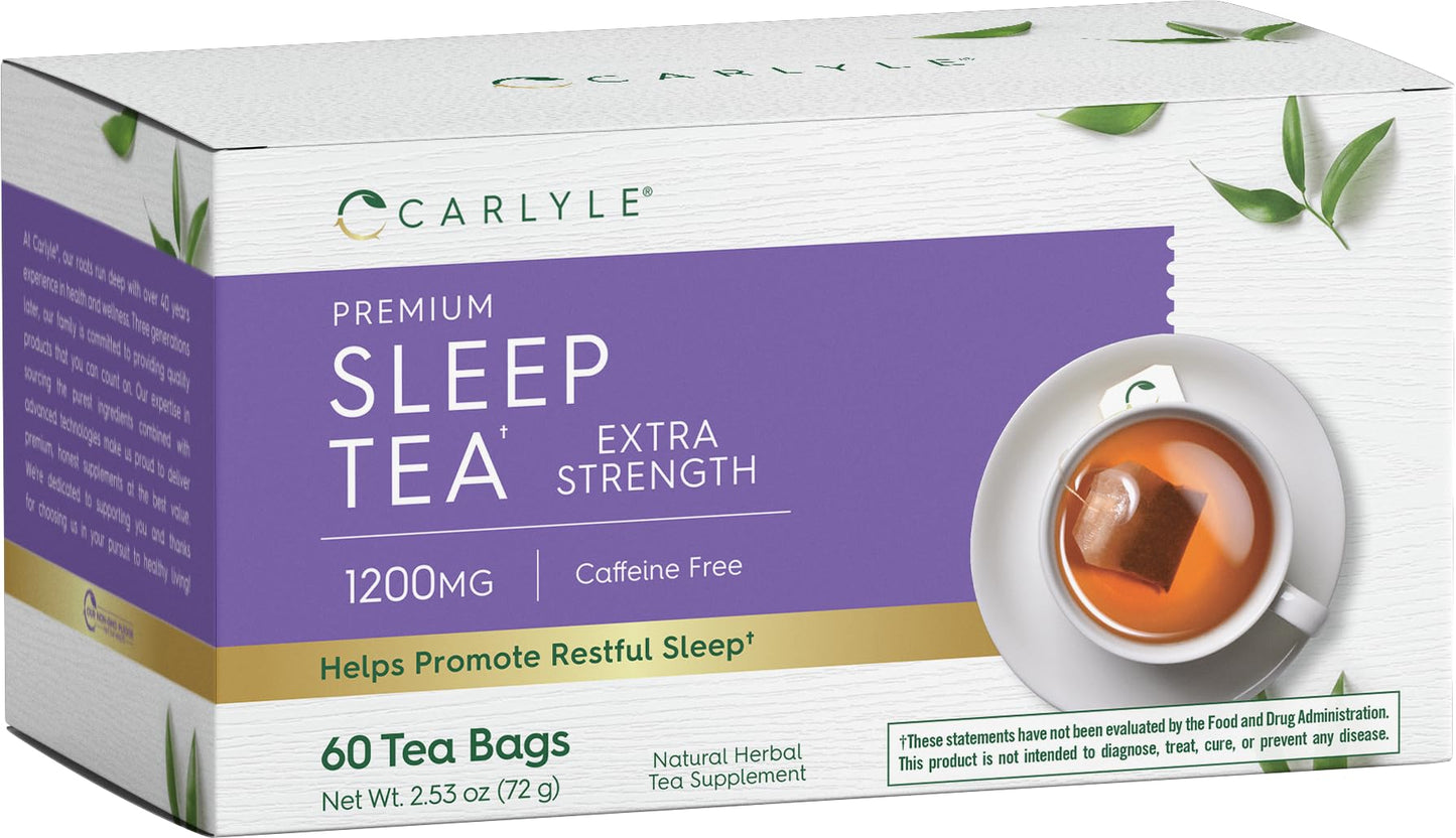 Carlyle Sleep Tea for Bedtime Extra Strength | 60 Bags | Caffeine Free | Herbal Blend with Valerian Root | Vegetarian, Non-GMO & Gluten Free