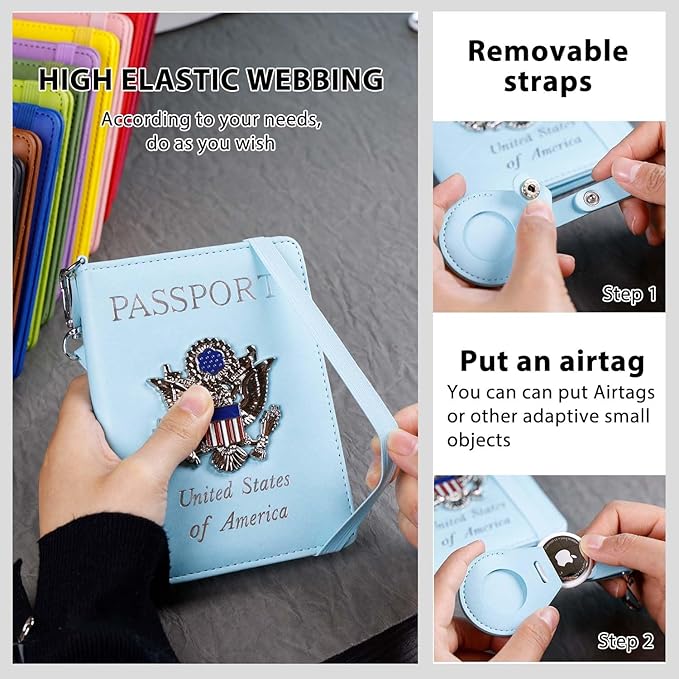 Cnycmy Passport Holder with Airtag slot,Passport-Wallet-Holder for Women,for Family, Rfid Passport Book Card Slot Waterproof, passport holder for travel (light blue1)
