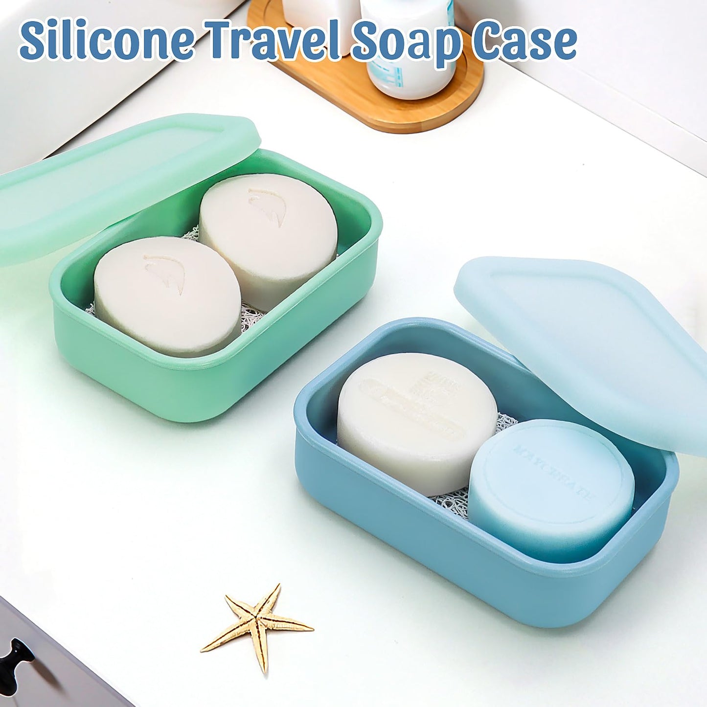 OZNER Silicone Travel Soap Case for Two Bars, Leak Proof Shampoo Bar Holder Compatible with Kitsch Bars, Soap Container with Drainage Layer for Bathroom, Camping, and Gym, Easy to Clean (Blue-Large)
