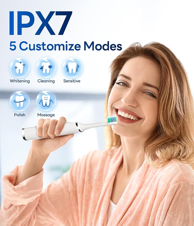 Bymore Electric Toothbrush for Adults,Travel Sonic Toothbrush with 8 Replacement Heads, Ultra Clean RechargeableToothbrush Portable One Charge for 330days 5 Modes 2mins Timer-White