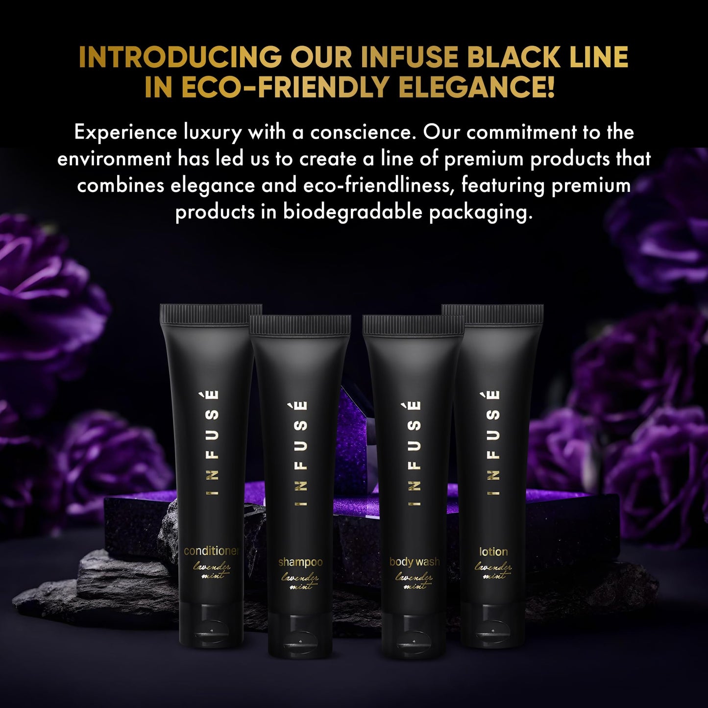 Infuse Black Soaps & Toiletries Bulk Set | 1-Shoppe Amenities Kit for Hotels & Vacation Rentals | 1 oz Shampoo, Conditioner, Body Wash & Lotion | 80 Pieces