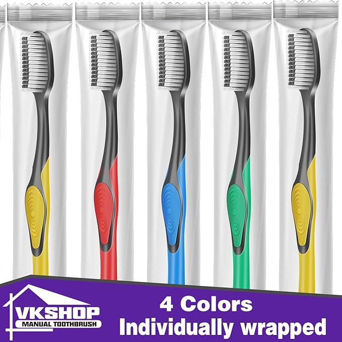 100 Bulk Charcoal Toothbrushes, Individually Wrapped Travel Toothbrush Set for Adults Kids, Disposable Manual Toothbrushes Set (4 Colors)