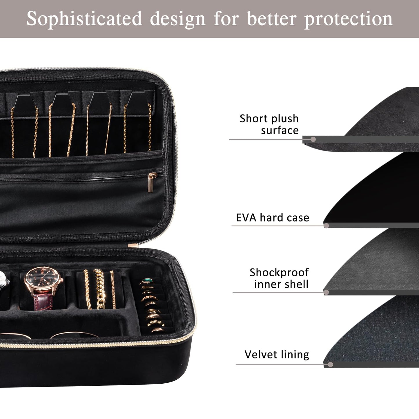 ProCase Mens Extra Large Jewelry Storage Case, 3 Slots Travel Watch Accessories Carrying Box, Glasses Necklaces Rings Bracelets Zippered Organizer Bag for Male -Black