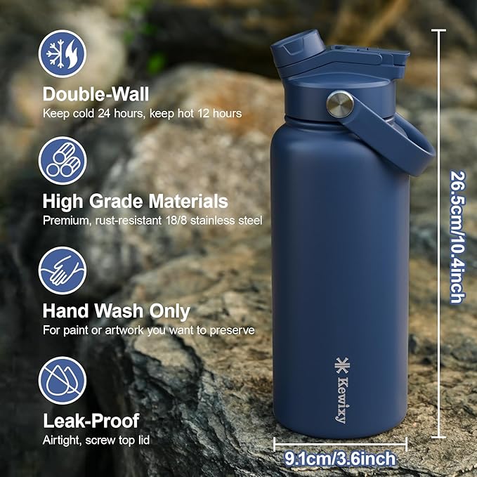 32 oz Insulated Water Bottle, 2-in-1 Lid, Straw & Spout with Protected, Leak Proof, Keep Cold, Stainless Steel, Metal, Reusable, Handle, for Outdoor, Gym and School, 2 Lids, Denim Blue