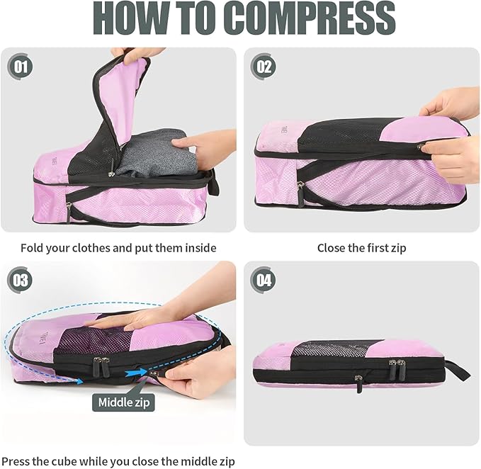 Compression Packing Cubes for Travel 6 Sets, Space Saving Vacation Travel Essentials, Travel Accessories for Suitcase Organizer Bags Set, Durable Luggage Organizer Travel Bags (pink)