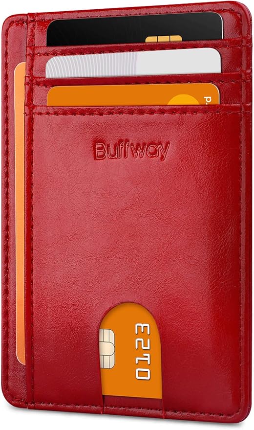 Buffway Slim Minimalist Front Pocket RFID Blocking Leather Wallets for Men and Women - Alaska Cherry
