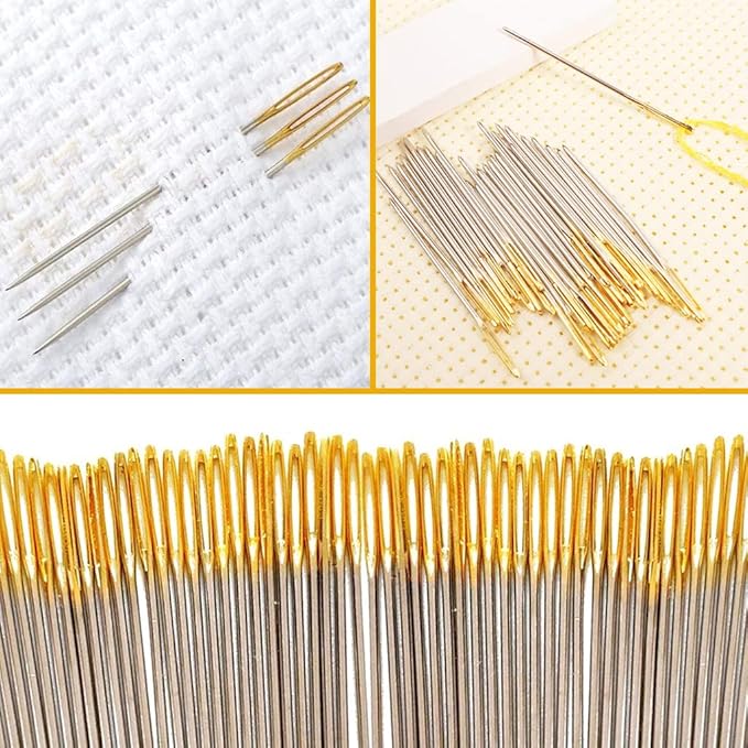 100pcs Cross Stitch Needles +2 Needle Threader Golden Color Large Eyes Cross Stitch DIY Embroidery Hand Needles Sewing Needles in Transparent Box (28#)