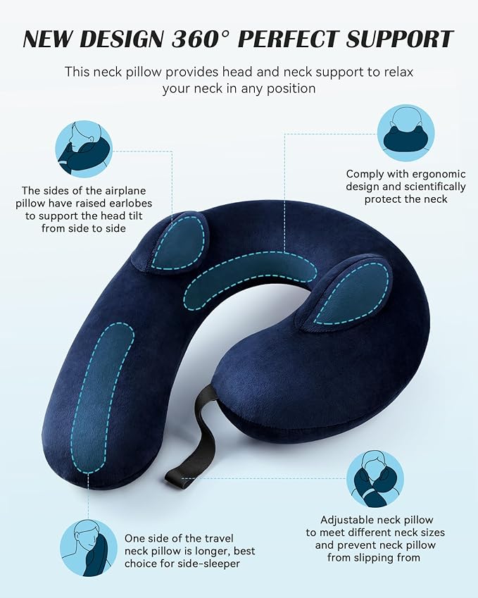 Inflatable Neck Pillow for Travel, Travel Pillow Support Head and Neck, Travel Neck Pillow for Airplane,Train,Car,Office,Home,Washable Cover (Blue)