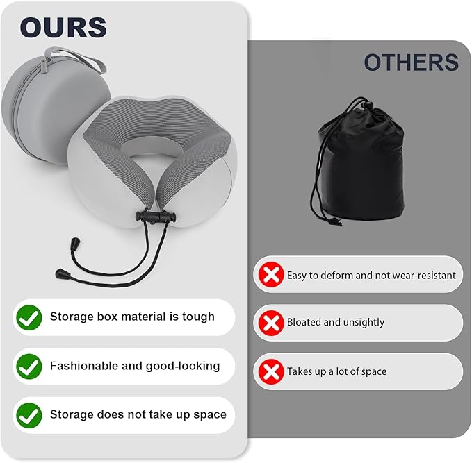 Travel Pillow Memory Foam Neck Pillow for Airplane Washable Silk Cover Ergonomic Neck Support Pillow with Storage Box