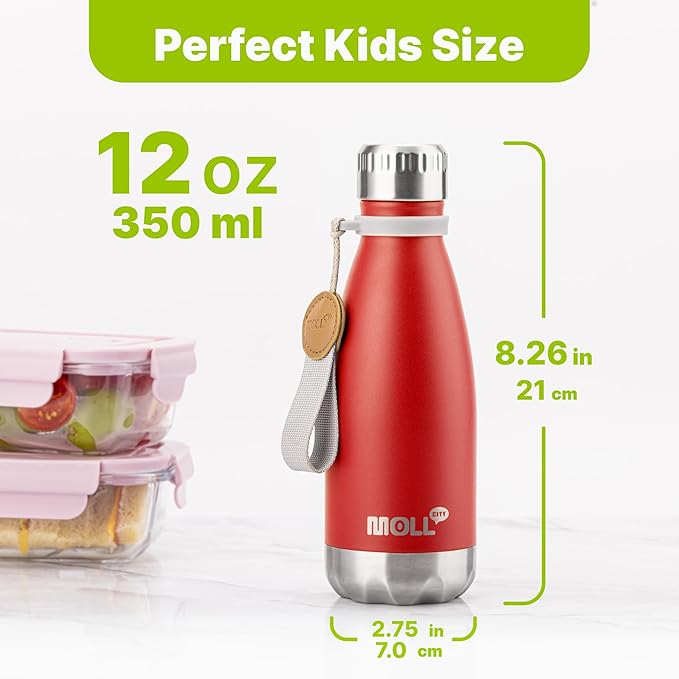 Kids Water Bottle 12 oz Stainless Steel Double Wall Vacuum Insulated Water Bottle for School- Reusable Metal Travel Flask for Girls-Leak Proof and BPA Free (Red)