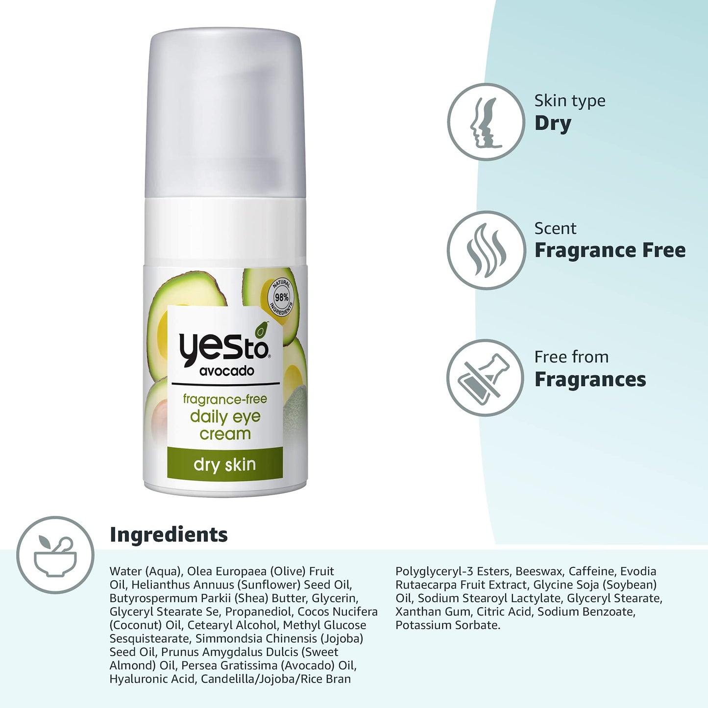 Yes To Avocado Daily Eye Cream, Fragrance-Free, Hydrating & Smoothing, with Hyaluronic Acid & Omega 3, 0.5 Fl Oz