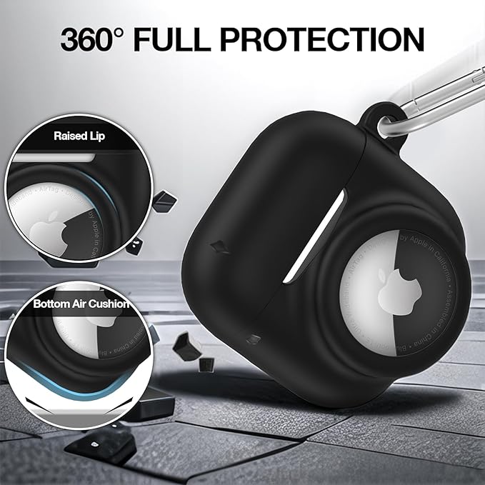 2 in 1 Silicone Case Compatible with AirPod 4 and AirTag, Shockproof Protective Skin Cover for AirPods 4th Generation with Cleaner Kit & Carabiner (Black)