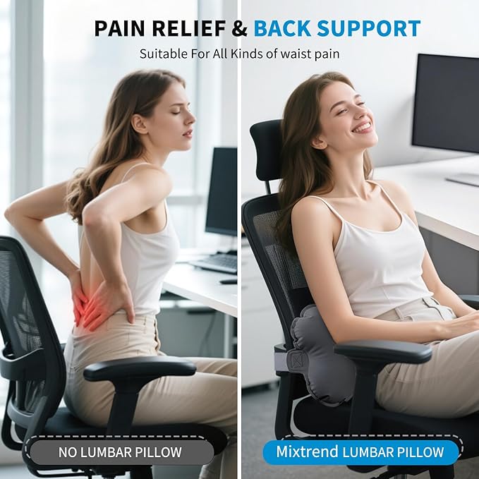 Mixtrend Travel Lumbar Pillow Inflatable Lumbar Support Pillow with Memory Foam, Back Support Pillow for Airplane Long Flight, Essential Travel Support Pillow for Women Men Kids（Chrcoal Grey）