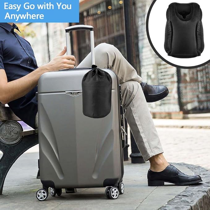 Inflatable Travel Pillow, Airplane Neck Pillow for Sleeping, Supports Head and Chin for Airplanes,Trains,Cars and Office Napping with 3D Eye Mask and Earplugs and Portable Drawstring Bag