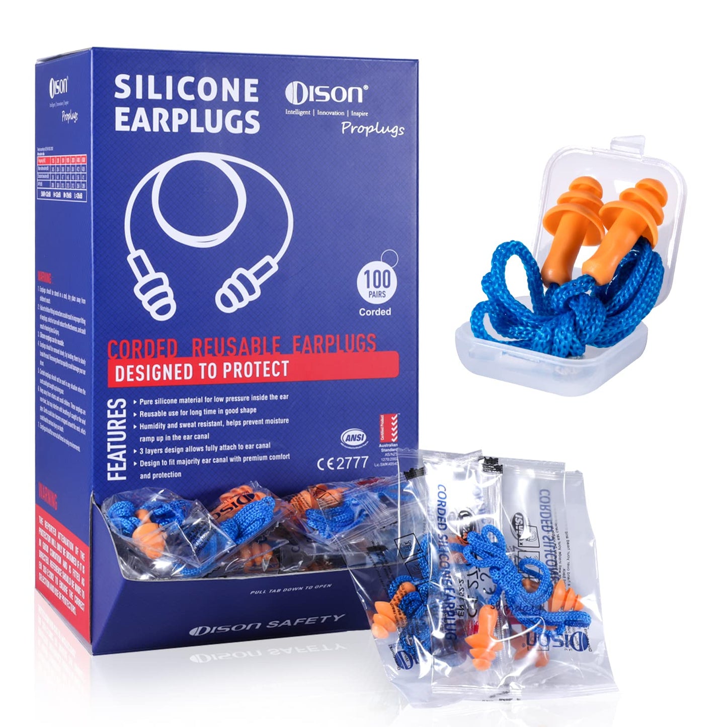 Dison 100Pairs Silicone Ear Plugs, 32dB Corded Reusable Earplugs for Hearing Protection, Noise Reduction for Shooting Range, Work, Travel