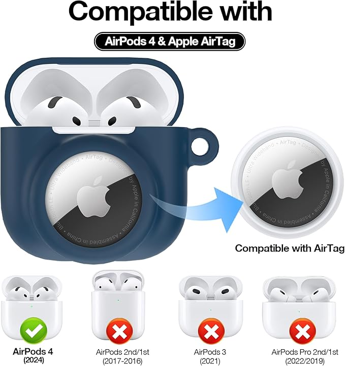 2 in 1 Silicone Case Compatible with AirPod 4 and AirTag, Shockproof Protective Skin Cover for AirPods 4th Generation with Cleaner Kit & Carabiner (Dark Blue)