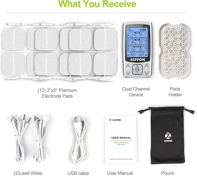 AUVON Dual Channel TENS EMS Unit 24 Modes Muscle Stimulator for Pain Relief, Rechargeable TENS Machine Massager with 12 Pads, ABS Pads Holder, USB Cable and Dust-Proof Storage Bag