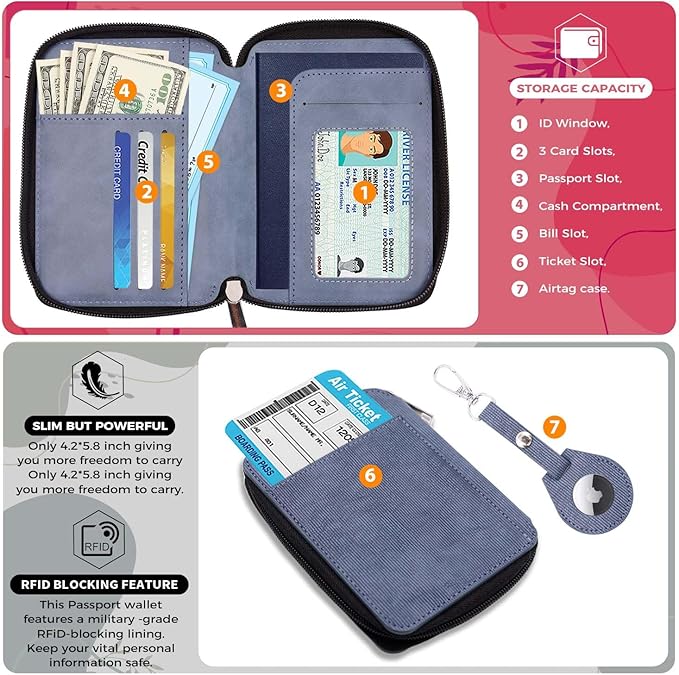 Cnycmy Passport Holder with Airtag,Passport-Wallet-Holder for Women, RFID Passport Holder with Slot Waterproof, PU Leather Travel Passport Case (Blue3)