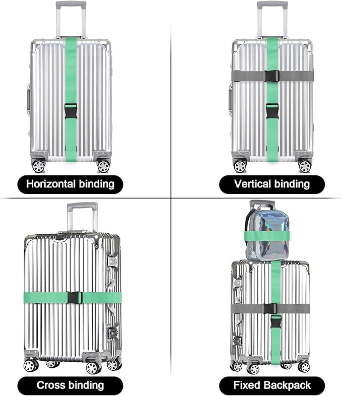 4 Pack Luggage Straps for suitcases-4 pcs Extra Long Suitcase Straps TSA Approved Luggage Belt with Buckle, Adjustable Travel Belt for Luggage for 20'' - 32'' Suitcases (Mint Green and Grey)