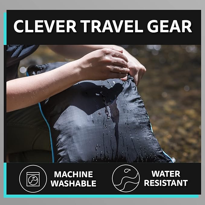 Ripstop Outdoor Camping Pillow and Blanket 3-in-1, Versatile Lightweight Nylon Waterproof Stadium Blanket, Ultralight Backpacking Essentials, Travel Blanket and Pillow Set - Black/Turquoise