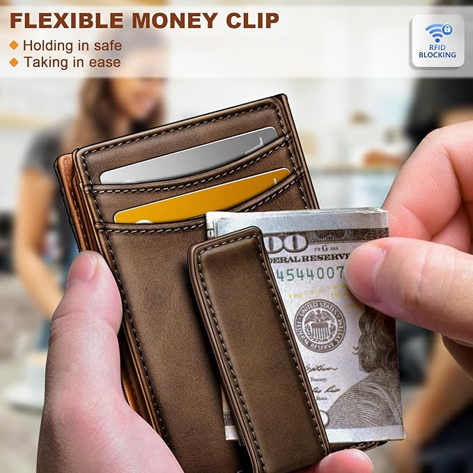 KEMISANT Men Wallet, Slim Leather Wallet Money Clip Magnetic Closure ID Windows 14Cards RFID Blocking