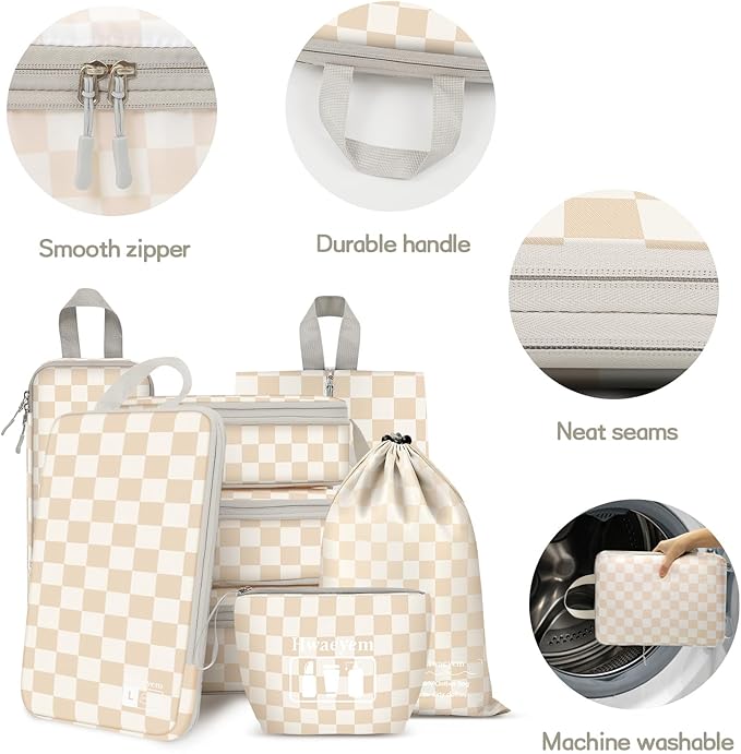 8 Set Compression Packing Cubes Travel, Lightweight Durable Packing Compression Cubes, Accessories Bags Packing Cubes for Travel Luggage Organizer (Khaki Checkered)