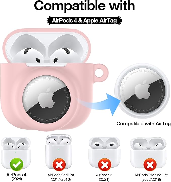 2 in 1 Silicone Case Compatible with AirPod 4 and AirTag, Shockproof Protective Skin Cover for AirPods 4th Generation with Cleaner Kit & Carabiner (Pink)