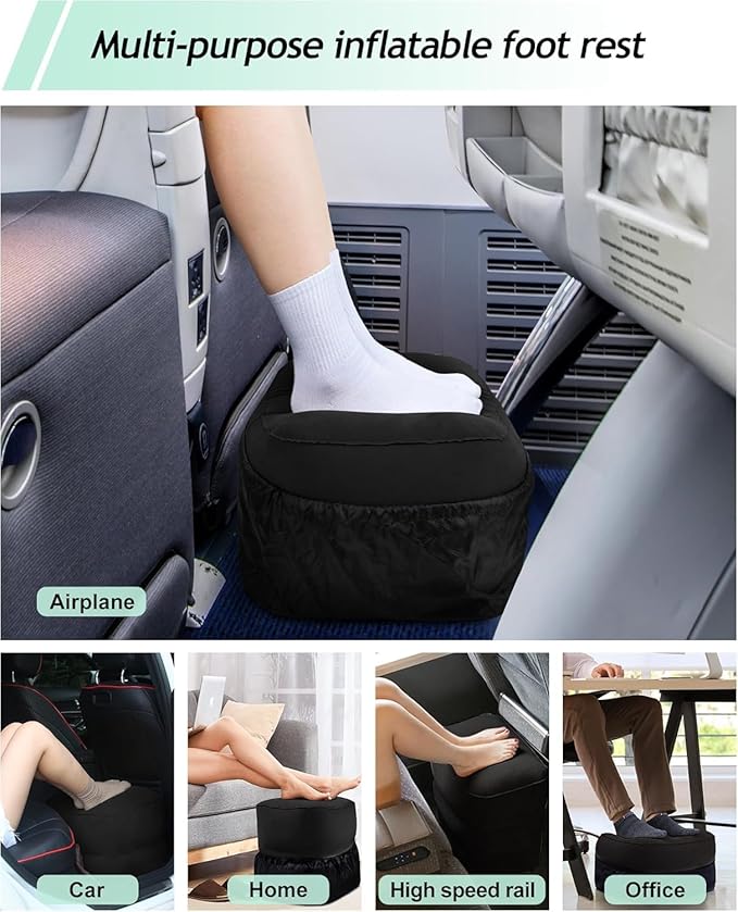 JefDiee Inflatable Travel Foot Rest Pillow, Kids Airplane Bed, Adjustable 3 Layers Height Leg Rest Pillow, Adults Travel Essentials Great for Airplane, Office, Home, Trains, Cars (Black)