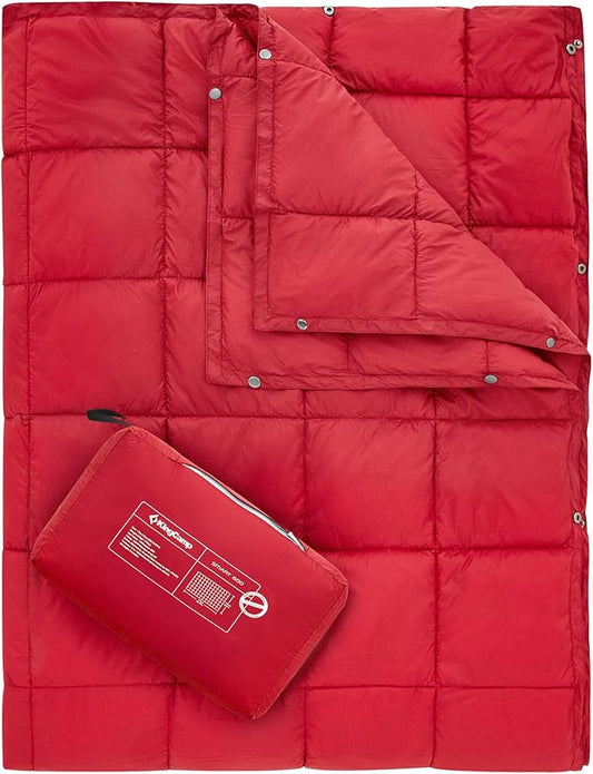 KingCamp Ultralight Camping Blanket, Packable Down Alternative Puffy Wearable Blankets Weatherproof Warm Package Quilt with Snap Buttons for Outdoor Hiking Travel Picnic Stadium (69"L x 53"W, CRIMSON)