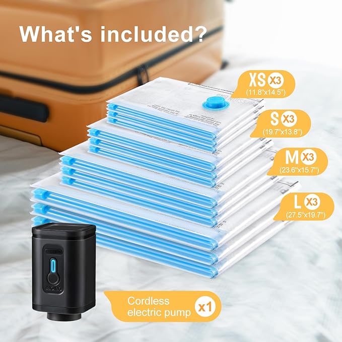 Combo 12 Pack Travel Vacuum Bags with Portable Electric Pump, Space Saver Vacuum Storage Bags for Clothing and Luggage, Travel Essentials