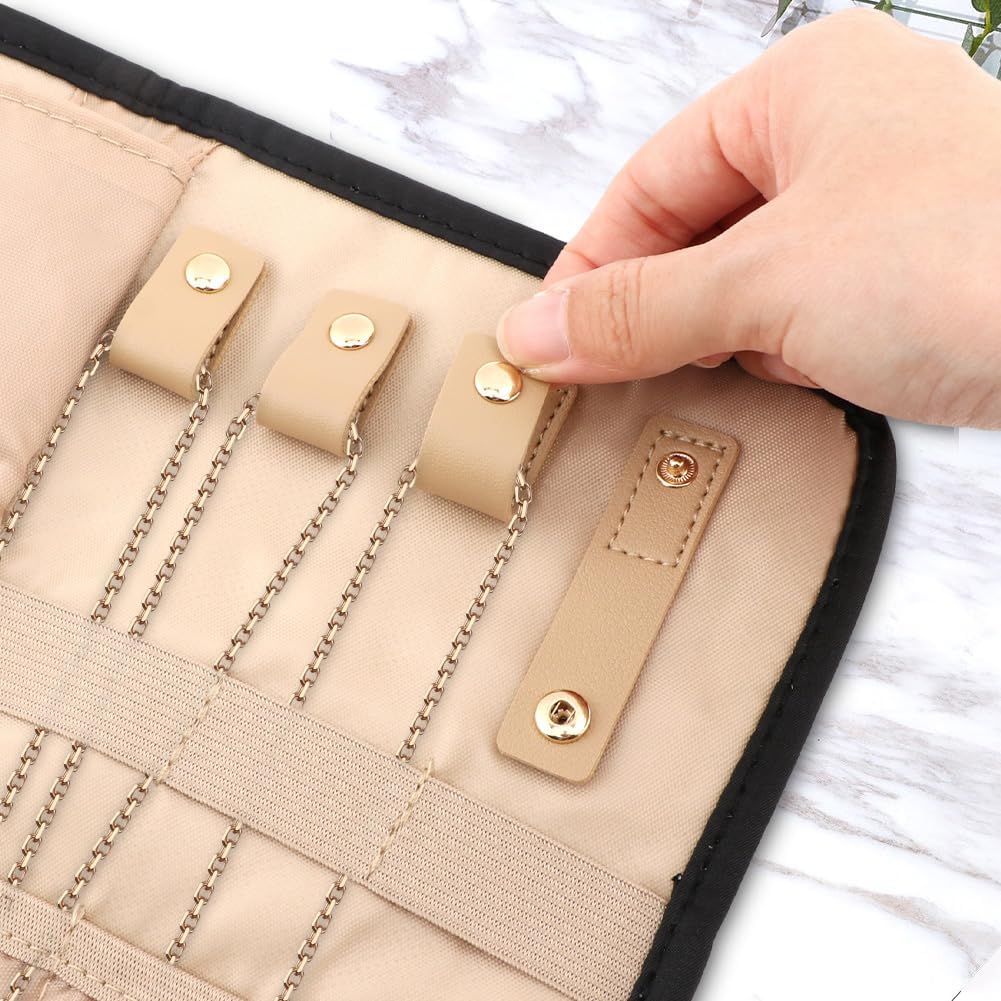 Parthan Travel Jewelry Organizer Case, Foldable Jewelry Storage Roll with 50 pcs Transparent Self Sealing Bag for Store Necklaces Earrings Bracelets Rings, Travel Essentials Girls Gifts(Black)
