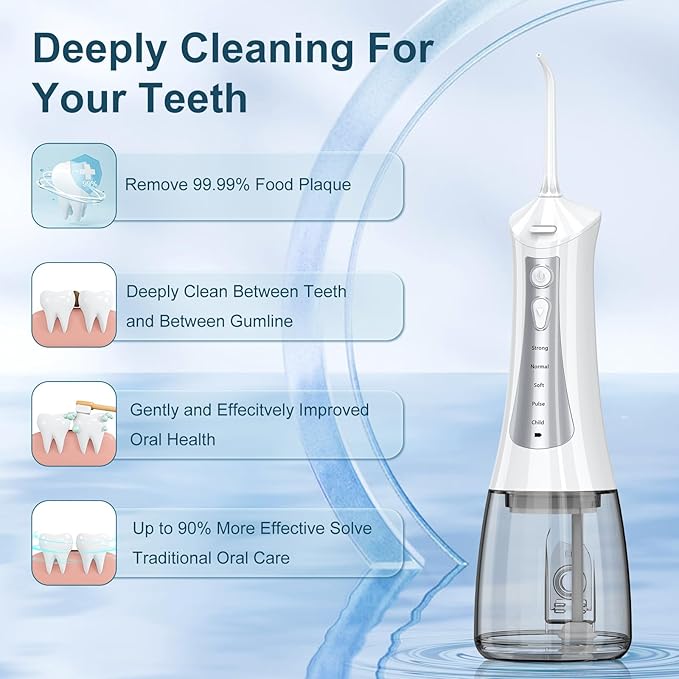 300mL Water Flosser Cordless - Rechargeable Travel Water Flossers for Teeth Cleaning with 5 Pressure Settings, 4 Tips, IPX7 Waterproof for Teeth Cleaning