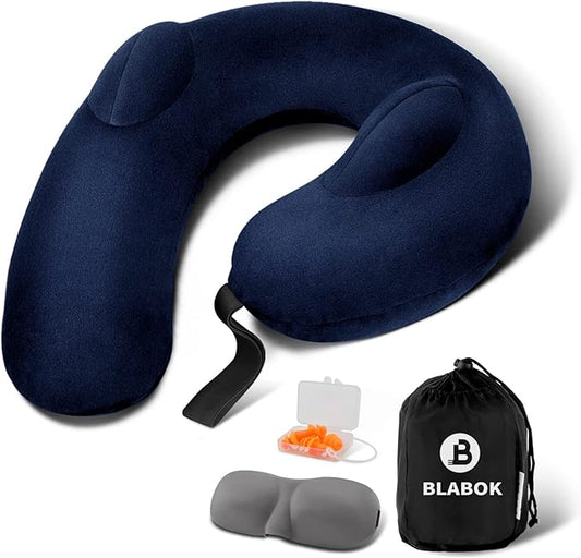 Inflatable Neck Pillow for Travel, Travel Pillow Support Head and Neck, Travel Neck Pillow for Airplane,Train,Car,Office,Home,Washable Cover (Blue)