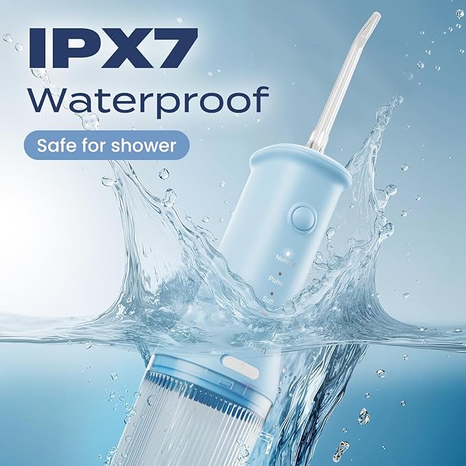 7AM2M Portable Water Flosser Cordless, Water Flosser with 3 Modes and 2 Jet Tips, USB C Rechargeable, IPX7 Waterproof, Dental Water Flosser for Travel and Home Use (Light Blue)