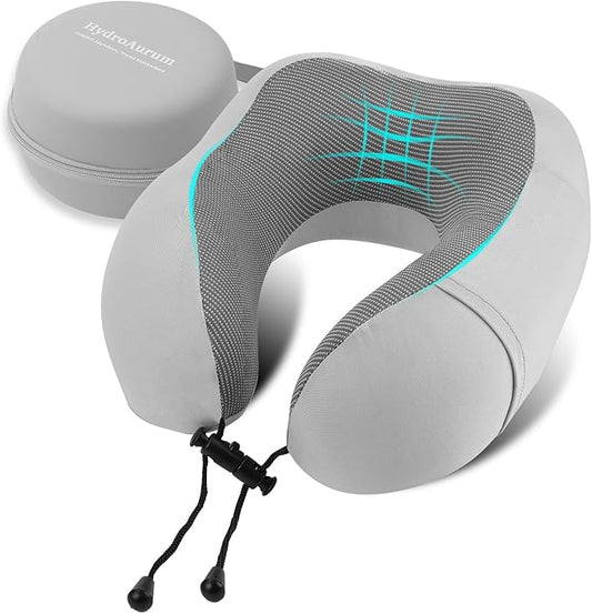 HydroAurum Travel Pillow 100% Pure Memory Foam Neck Pillow for Traveling – Ergonomic Neck Support Pillow for Airplane, Soft & Breathable Cover, Washable & Portable with Travel Bag