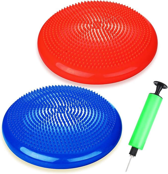 2 Pcs Wiggle Seat Inflated Wobble Cushion Flexible Balance Disc with Air Pump for Core Stability Strengthening Improving Posture Physical Exercise