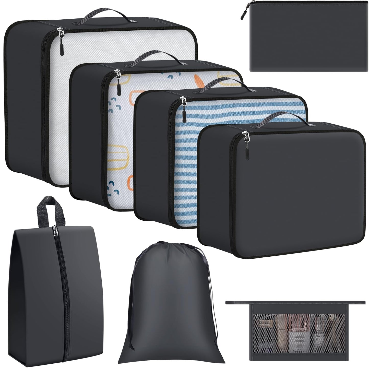 Geekclick 8 Set Packing Cubes for Travel Essentials, Organizers for Suitcase and Luggage in 4 Sizes, Luggage Organizer with Toiletries/Laundry/Shoes/Sock Bags (Grey)
