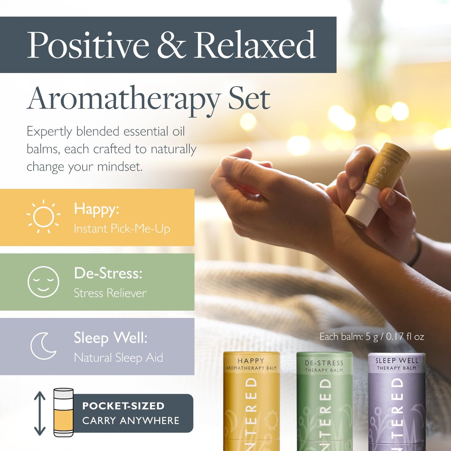 Scentered Aromatherapy Balm Gift Set - Positive & Relaxed - Pack of 3 Balms: Happy, De-Stress, Sleep Well - Lavender, Cedarwood, Rosemary Essential Oil - Mother's Day Gift Ideas