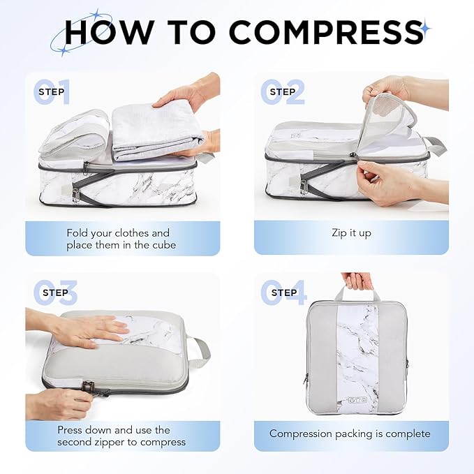 8 Set Compression Packing Cubes for Travel Essentials,Compressible Expandable Packing Cubes for Suitcase,OlarHike Luggage Organizer Bags for Travel,Handy Helper for Organizing Clothes(White Marble)