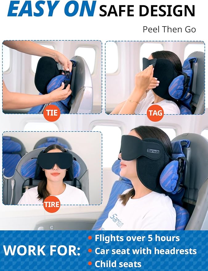 Travel Pillow, Upgrade Airplane Pillow for Long Flight, 360° Support Headrest, Travel Neck Pillow Eye Masks for Sleep, Compact Airplane Travel Essentials, Stop Bobblehead, Mottled Blue
