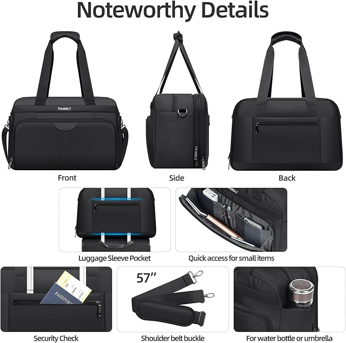 Carry-On Luggage Bag Travel Duffel Personal Item Bag Carry-On UnderSeat Travel Tote Overnight Weekender Bag Expandable Duffel Underseat Bag with Adjustable Strap, Black