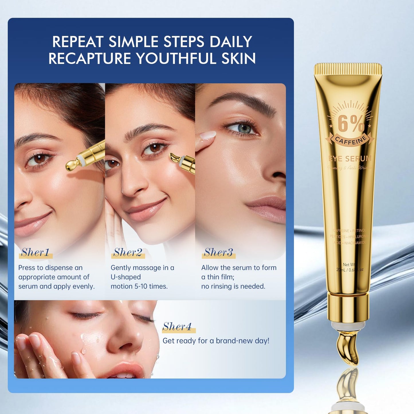 6% Caffeine Eye Cream for Dark Circles - Rapid Wrinkle Repair, 1% Retinol Eye Serum for Under Eyes Bags, Anti-Aging Eyes for Men and Women 0.68 fl. oz