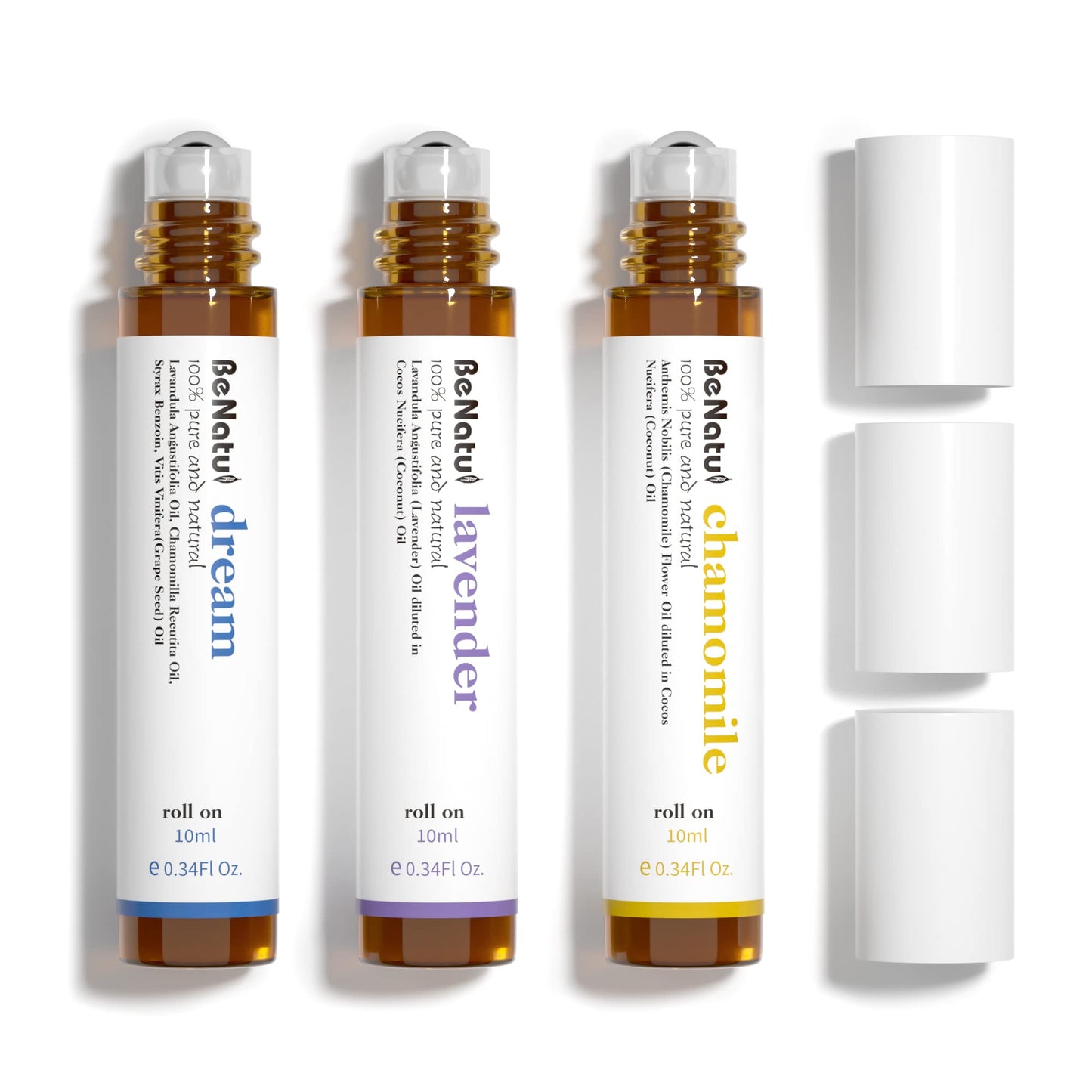 Benatu Essential Oil Roll On Set (Dream, Lavender, Chamomile), Aromatherapy Roller for Massage, Body Skin Care, Home - Natural Fragrance Gift for Women and Men