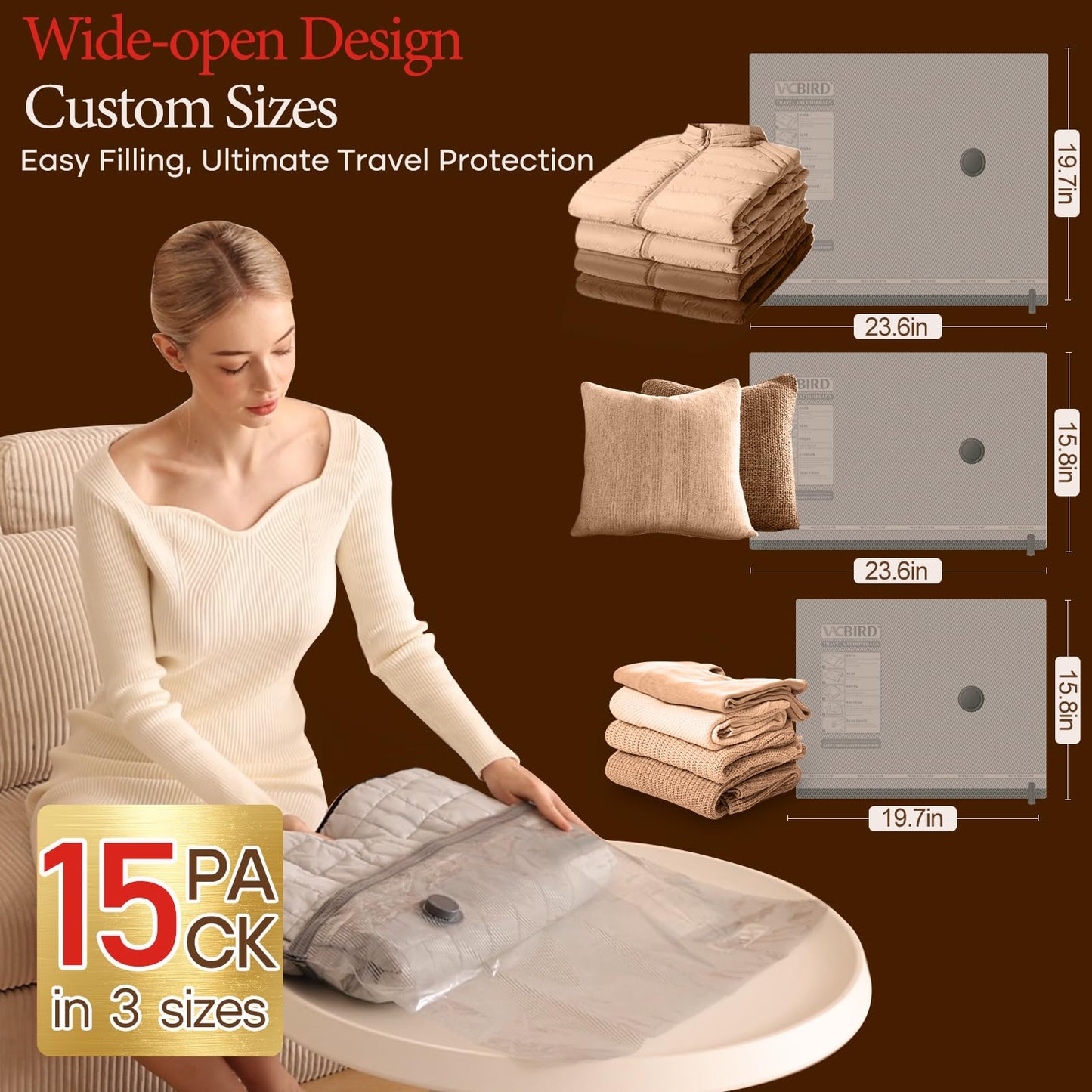 Vacbird Vacuum Bags for Travel with Rechargeable air Pump, 15 Pack Carry-on Size Compression Packing Bags for Luggage and Suitcase, Space Saver for Clothes and Clothing Travel